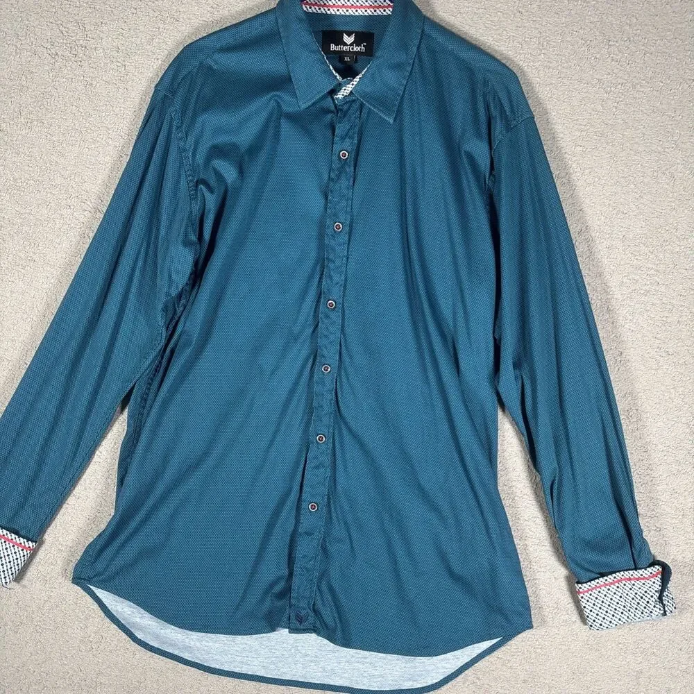 Buttercloth Shirt Long Sleeve Men's Size XL Blue Brick‎ Pattern Geometric Preppy
